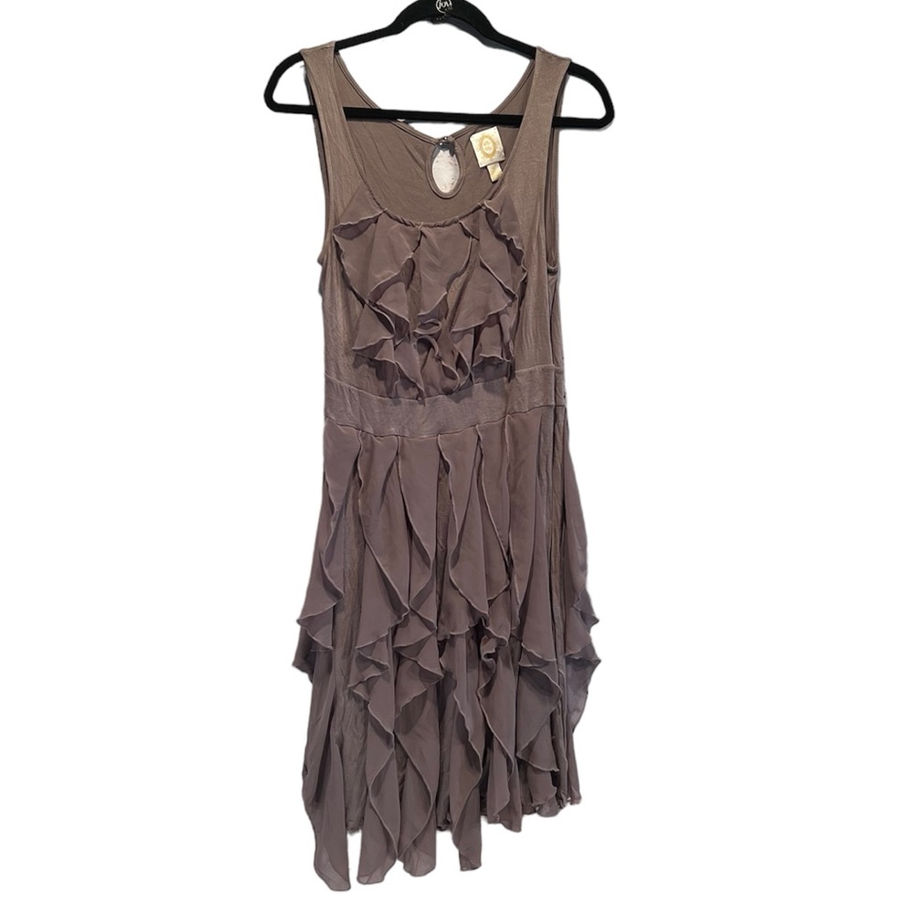 Ric Rac Anthropology Dress Womens Small Sleeveless Fit Flare Ruffle Cocktail tan